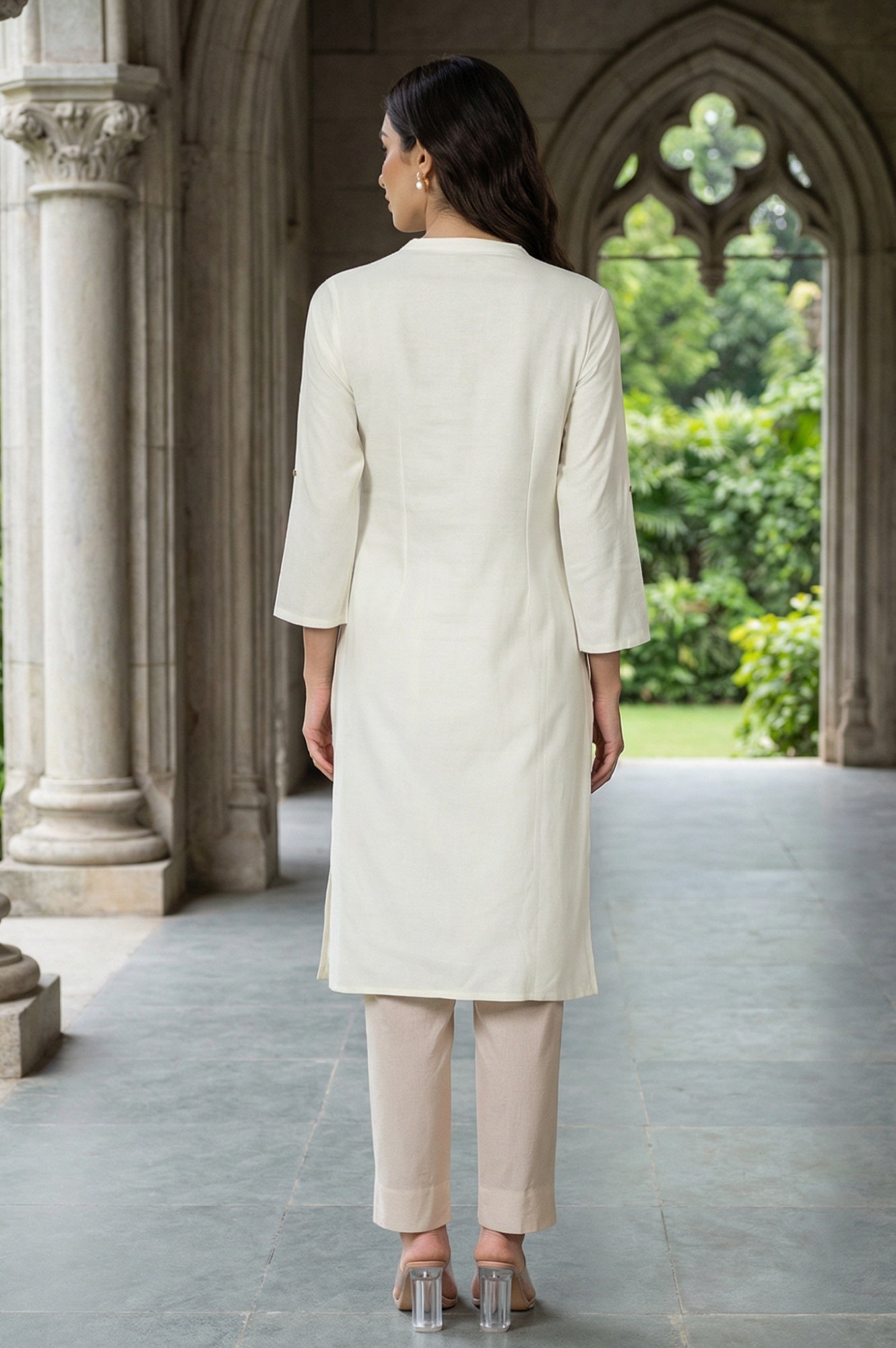 White Mandarin Collar Cotton Blend Straight Kurta With W Branding