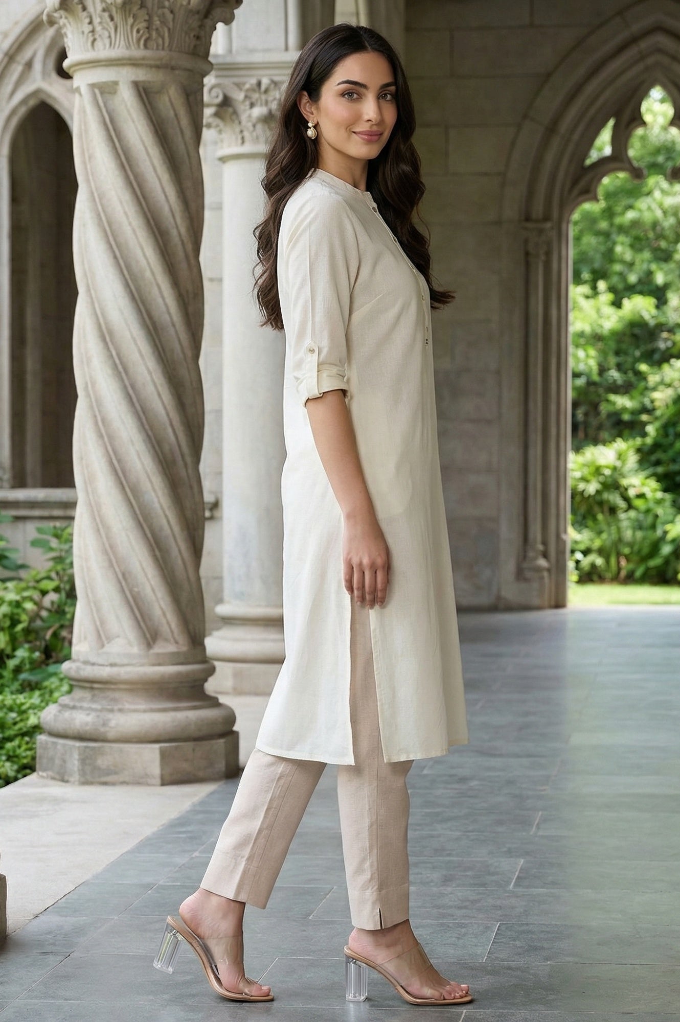 White Mandarin Collar Cotton Blend Straight Kurta With W Branding