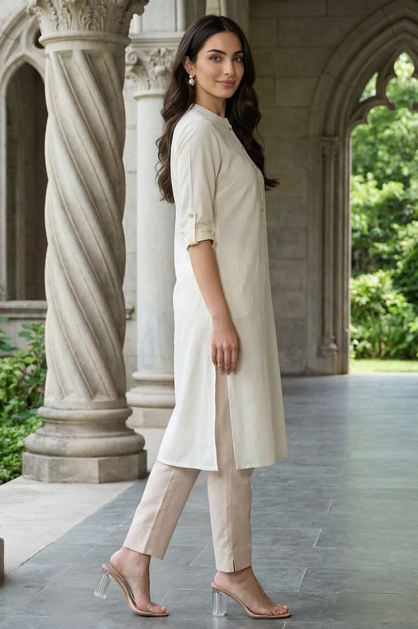 White Mandarin Collar Cotton Blend Straight Kurta With W Branding