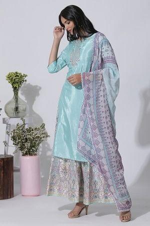 Blue Embroidered Shantung Kurta, Printed Culottes And Dupatta Set