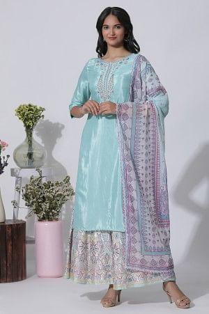 Blue Embroidered Shantung Kurta, Printed Culottes And Dupatta Set