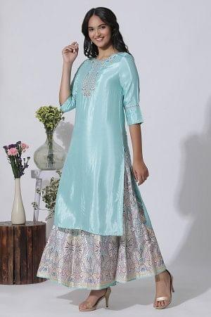 Blue Embroidered Shantung Kurta, Printed Culottes And Dupatta Set