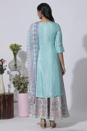 Blue Embroidered Shantung Kurta, Printed Culottes And Dupatta Set