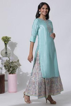 Blue Embroidered Shantung Kurta, Printed Culottes And Dupatta Set