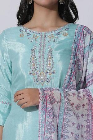 Blue Embroidered Shantung Kurta, Printed Culottes And Dupatta Set