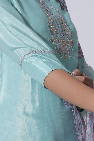 Blue Embroidered Shantung Kurta, Printed Culottes And Dupatta Set