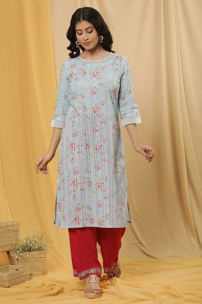 Blue Floral Printed Festive Kurta And Pink Parallel Pants