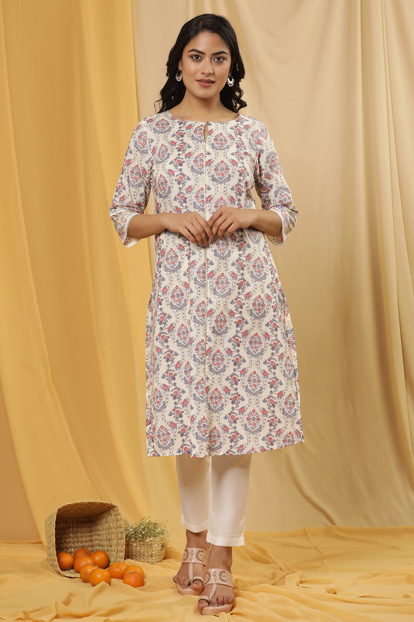 White Printed Straight Kurta And Pants Set