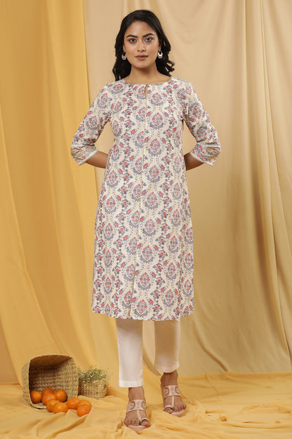 White Printed Straight Kurta And Pants Set