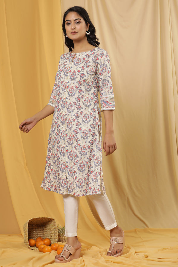 White Printed Straight Kurta And Pants Set