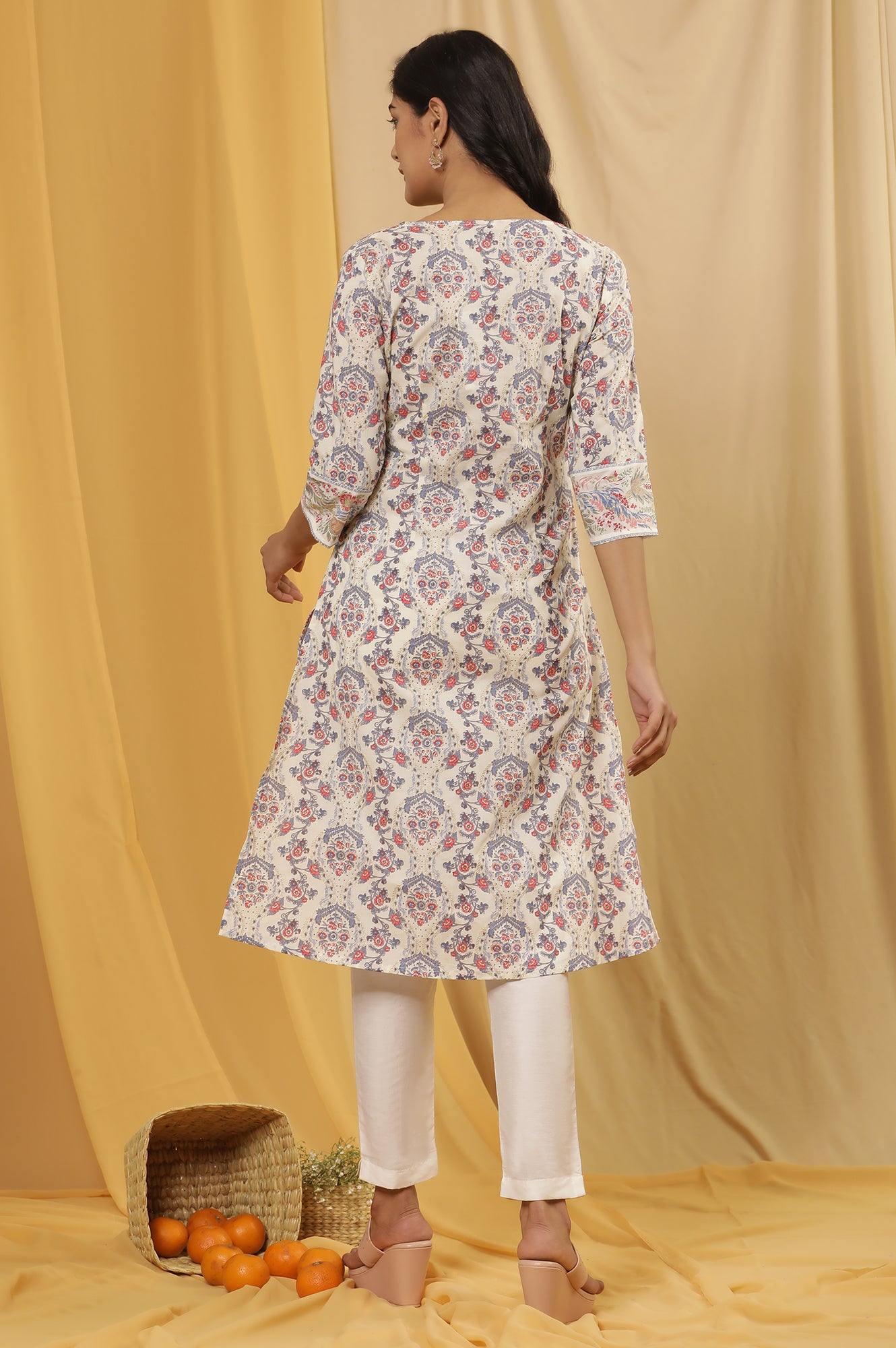 White Printed Straight Kurta And Pants Set