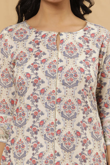 White Printed Straight Kurta And Pants Set