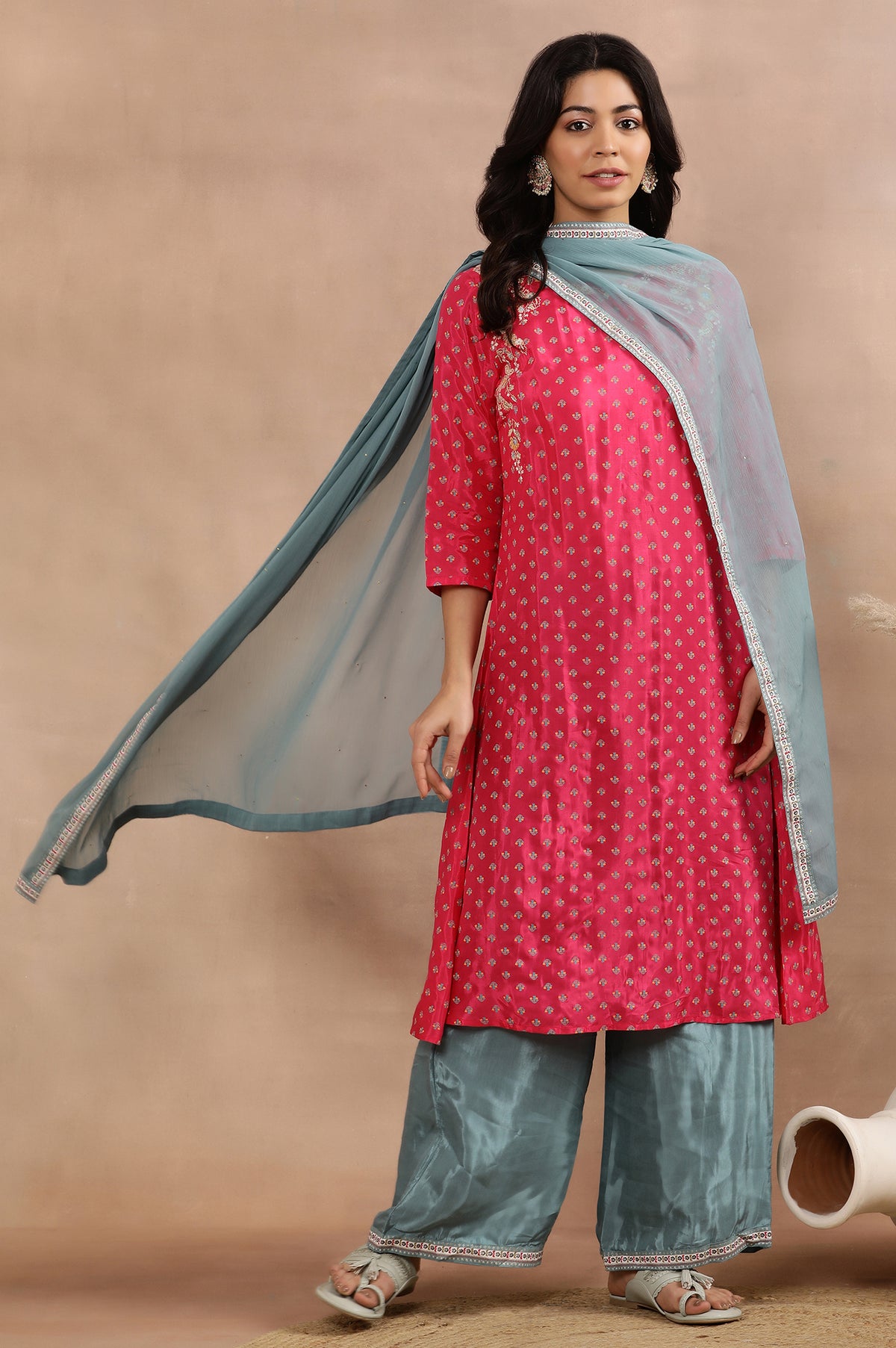 Dark Pink Embroidered Kurta, Parallel Pants And Dupatta Set - XS