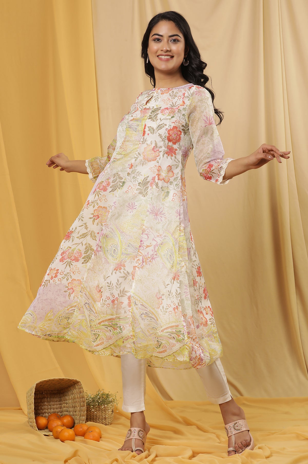 Soft Multicoloured Floral Printed Kurta And Pants Set - XS