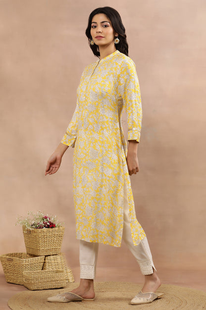 Yellow Floral Printed A-Line Kurta And Slim Pants Set