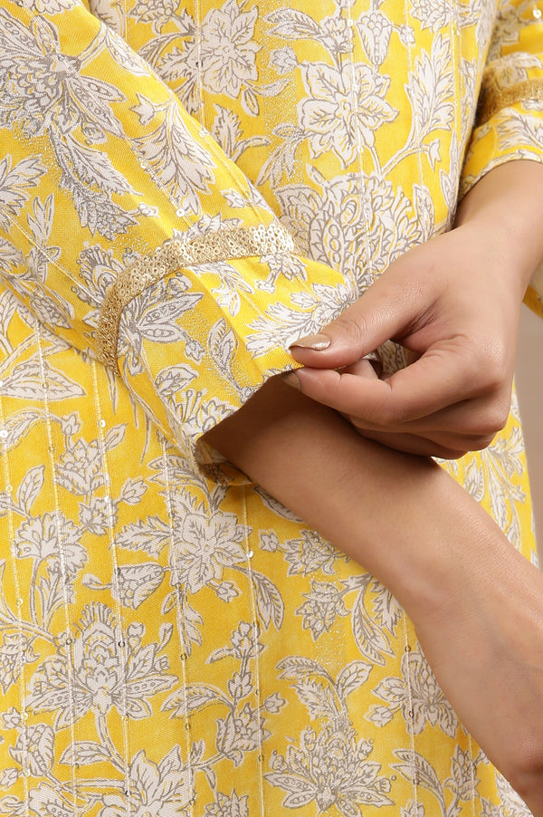 Yellow Floral Printed A-Line Kurta And Slim Pants Set