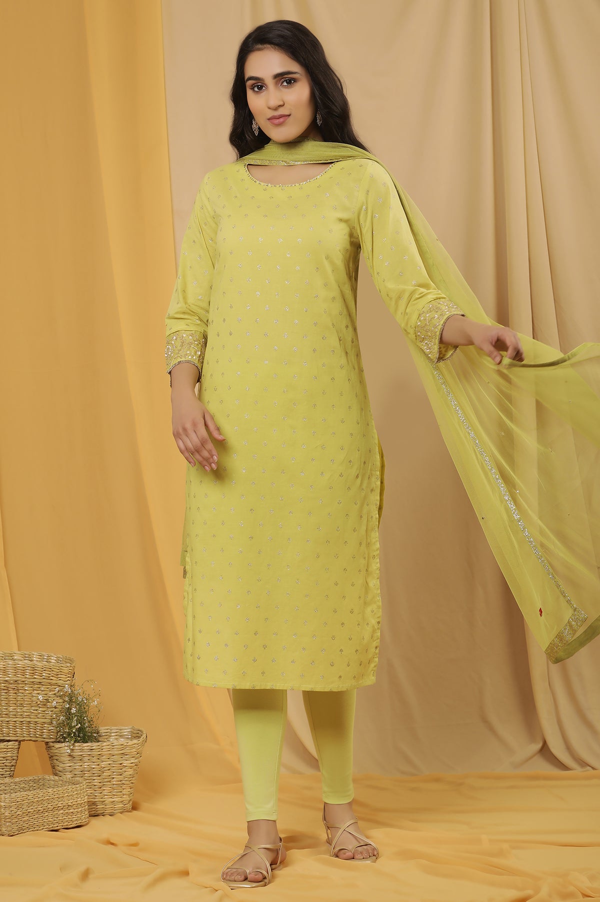 Lime Yellow Embroidered Kurta, Tights And Dupatta Set - XS