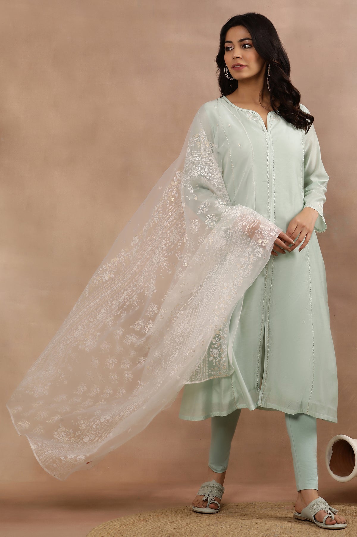 Mint Green Panelled Chanderi Kurta, Tights And Dupatta Set - XS