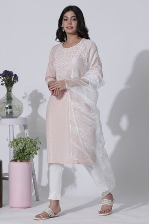 Light Pink Embroidered Cotton Lurex Kurta, Pants With Dupatta Set