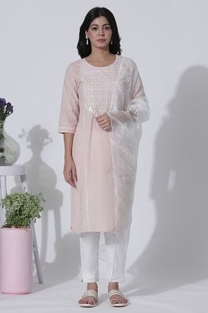 Light Pink Embroidered Cotton Lurex Kurta, Pants With Dupatta Set