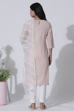 Light Pink Embroidered Cotton Lurex Kurta, Pants With Dupatta Set