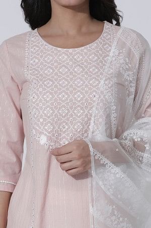 Light Pink Embroidered Cotton Lurex Kurta, Pants With Dupatta Set