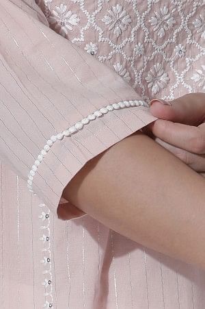 Light Pink Embroidered Cotton Lurex Kurta, Pants With Dupatta Set
