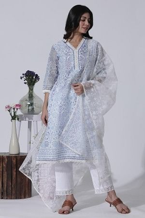 White & Blue Floral Printed Kota Kurta, Pants And Brasso Dupatta - XS