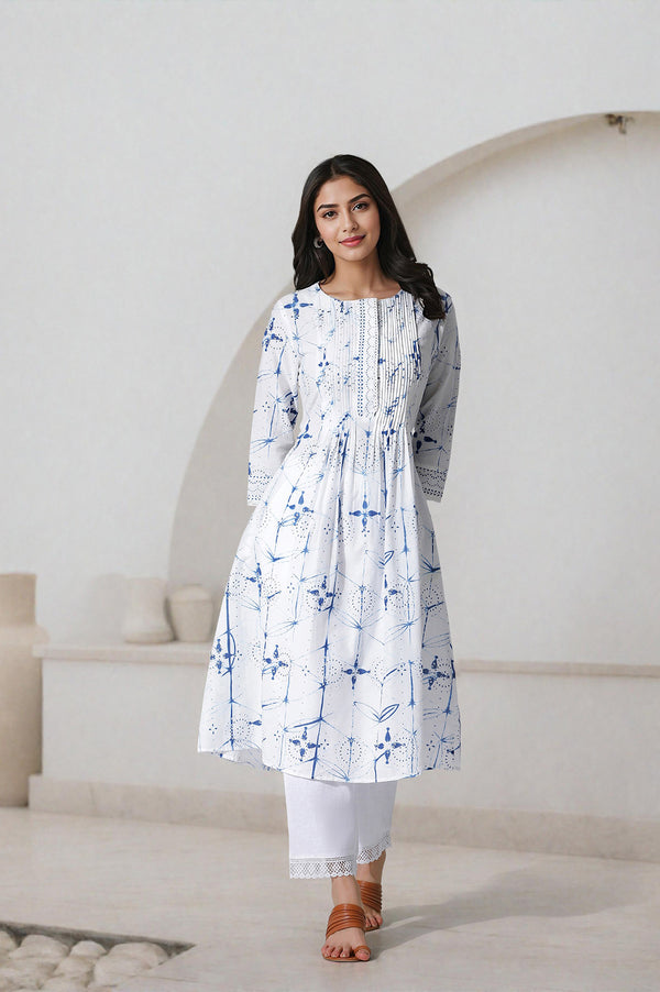 White Printed A-Line Cotton Kurta And Pants Set