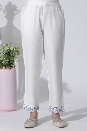 White & Blue Printed Flared Cotton Kurta With Pants Set