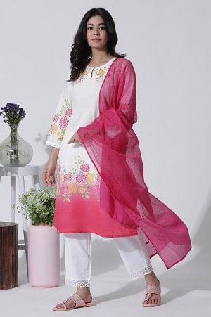 White &amp; Pink Ombre Floral Printed Cotton Kurta, Straight Pants And Kota Dupatta