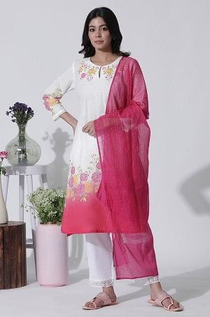 White &amp; Pink Ombre Floral Printed Cotton Kurta, Straight Pants And Kota Dupatta