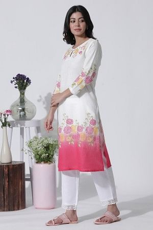 White &amp; Pink Ombre Floral Printed Cotton Kurta, Straight Pants And Kota Dupatta