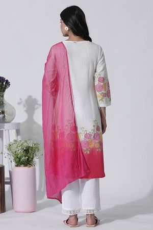 White &amp; Pink Ombre Floral Printed Cotton Kurta, Straight Pants And Kota Dupatta