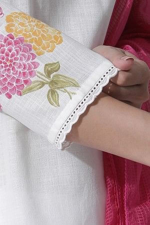 White &amp; Pink Ombre Floral Printed Cotton Kurta, Straight Pants And Kota Dupatta