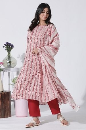 White & Red Printed Flared Kurta, Cotton Pants With Dupatta Set - XS