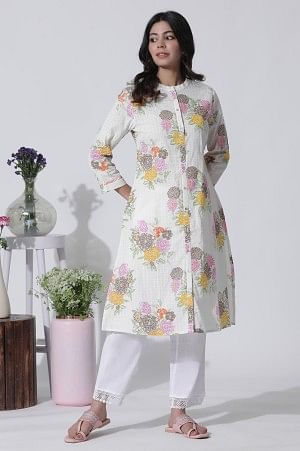 White Floral Printed Cotton Kurta And Straight Pants Set - XS