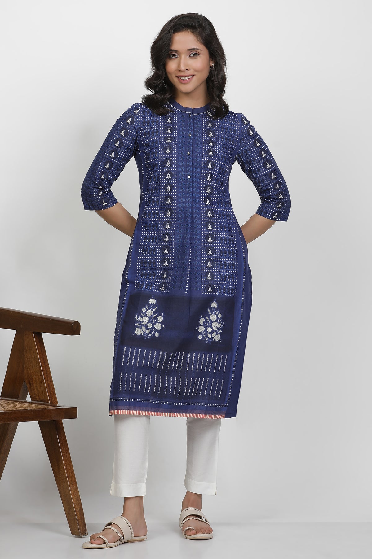 Blue Cotton Printed Kurta And Pants Set - XS