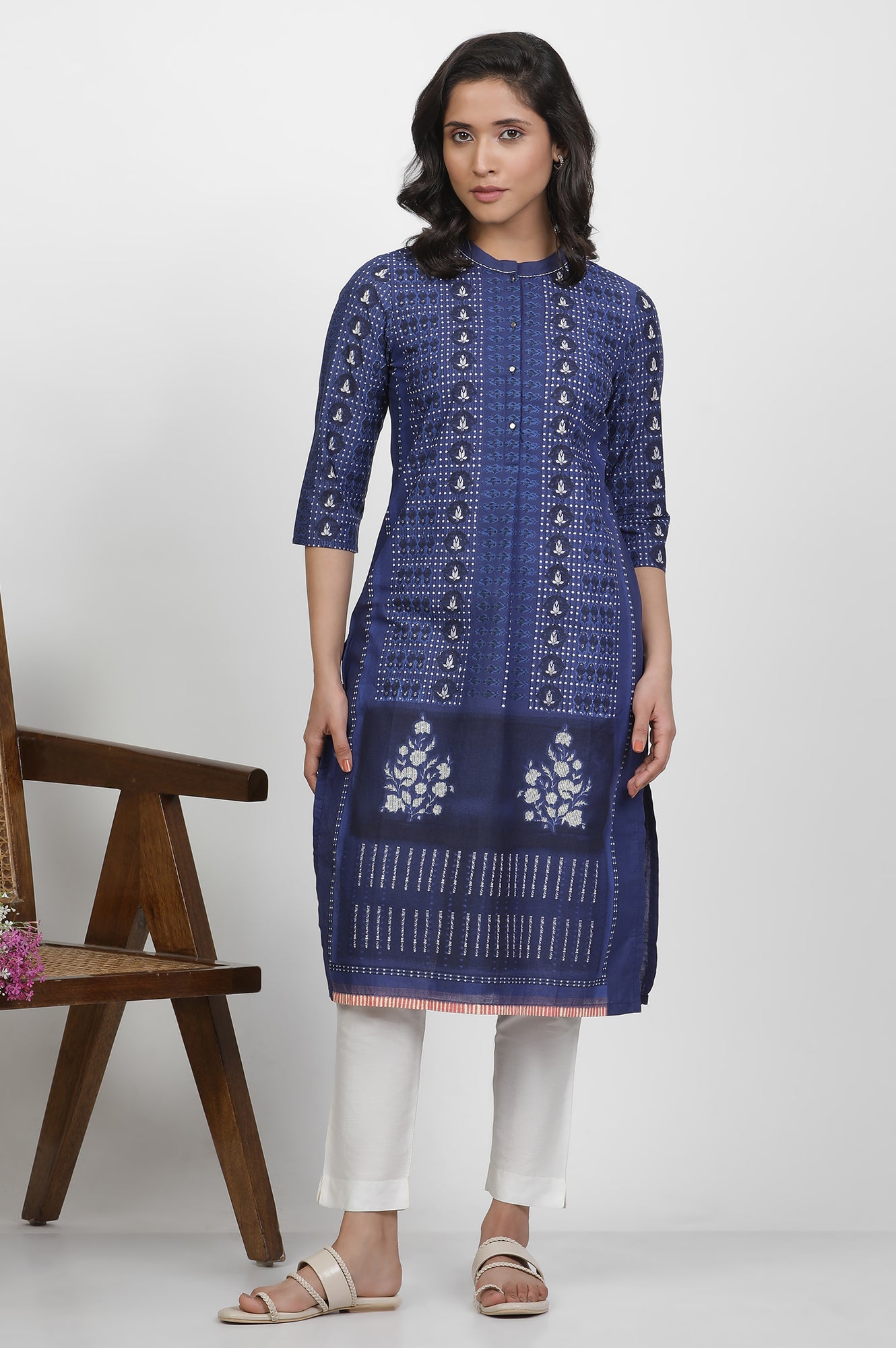 Blue Cotton Printed Kurta And Pants Set