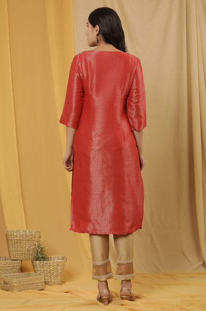 Red Embellished Dobby Kurta And Gold Slim Pants - wforwoman