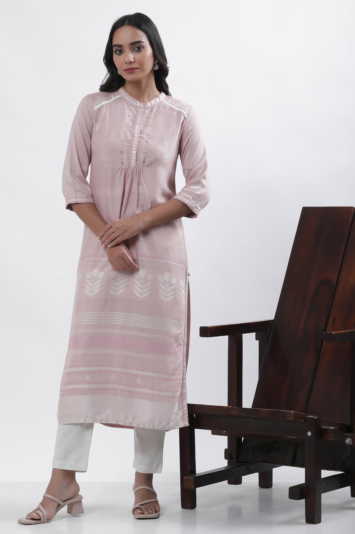 Lilac Printed Kurta And Pants Set - XS