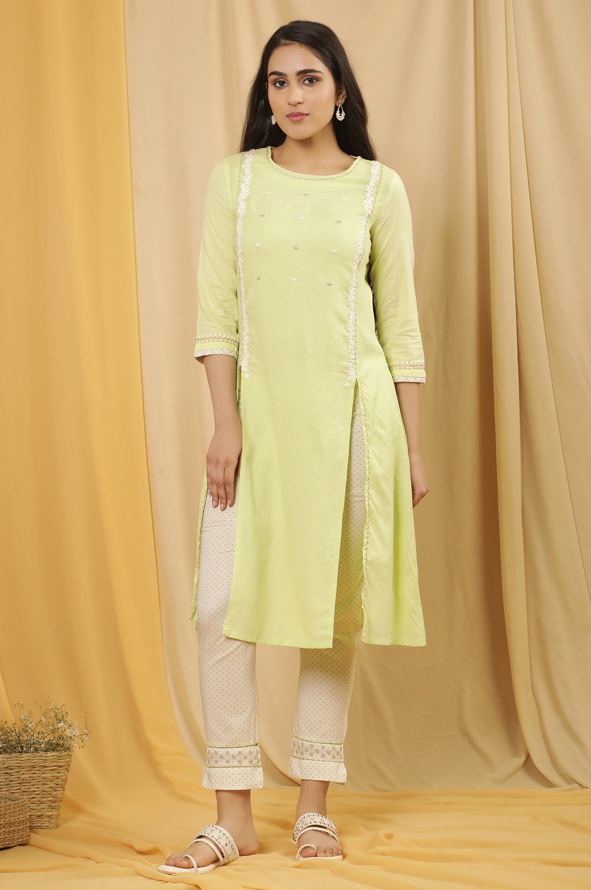 Lime Green Cottom Embroidered Kurta And Pants Set - XS