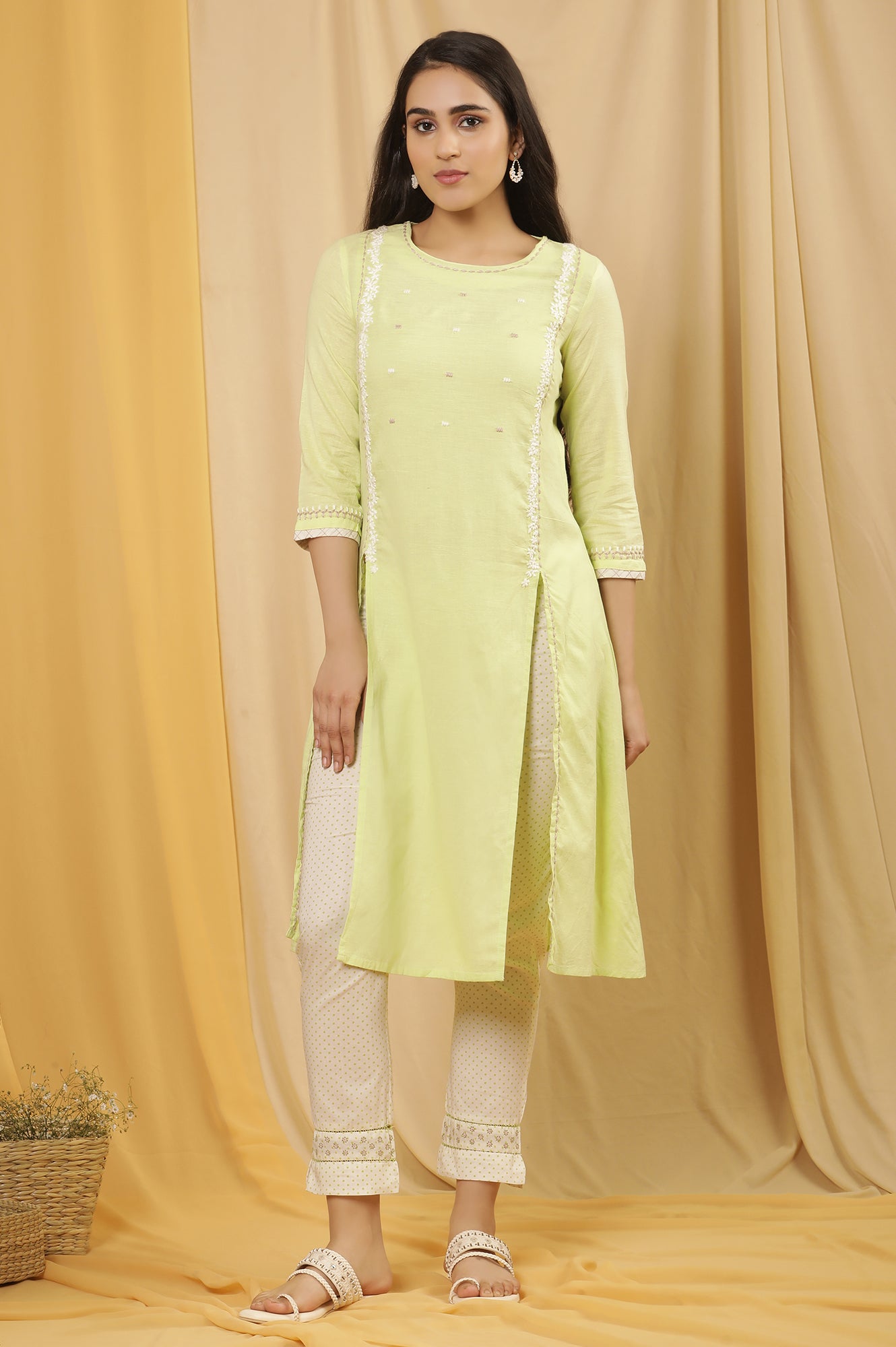 Lime Green Cottom Embroidered Kurta And Pants Set