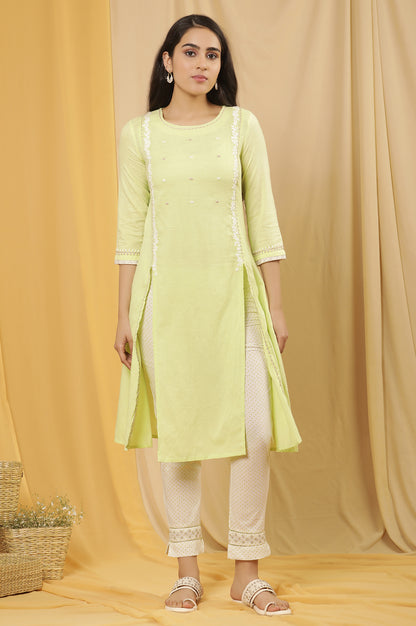 Lime Green Cottom Embroidered Kurta And Pants Set