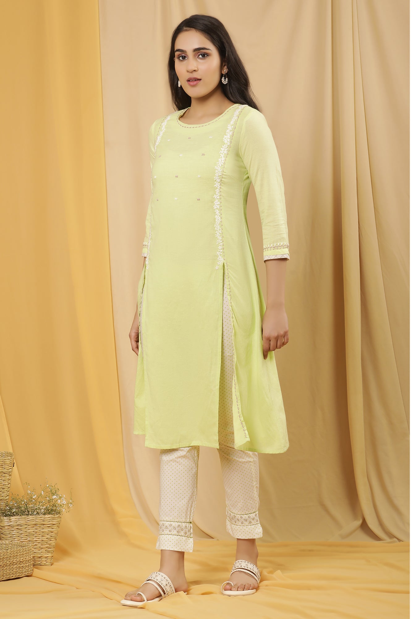 Lime Green Cottom Embroidered Kurta And Pants Set