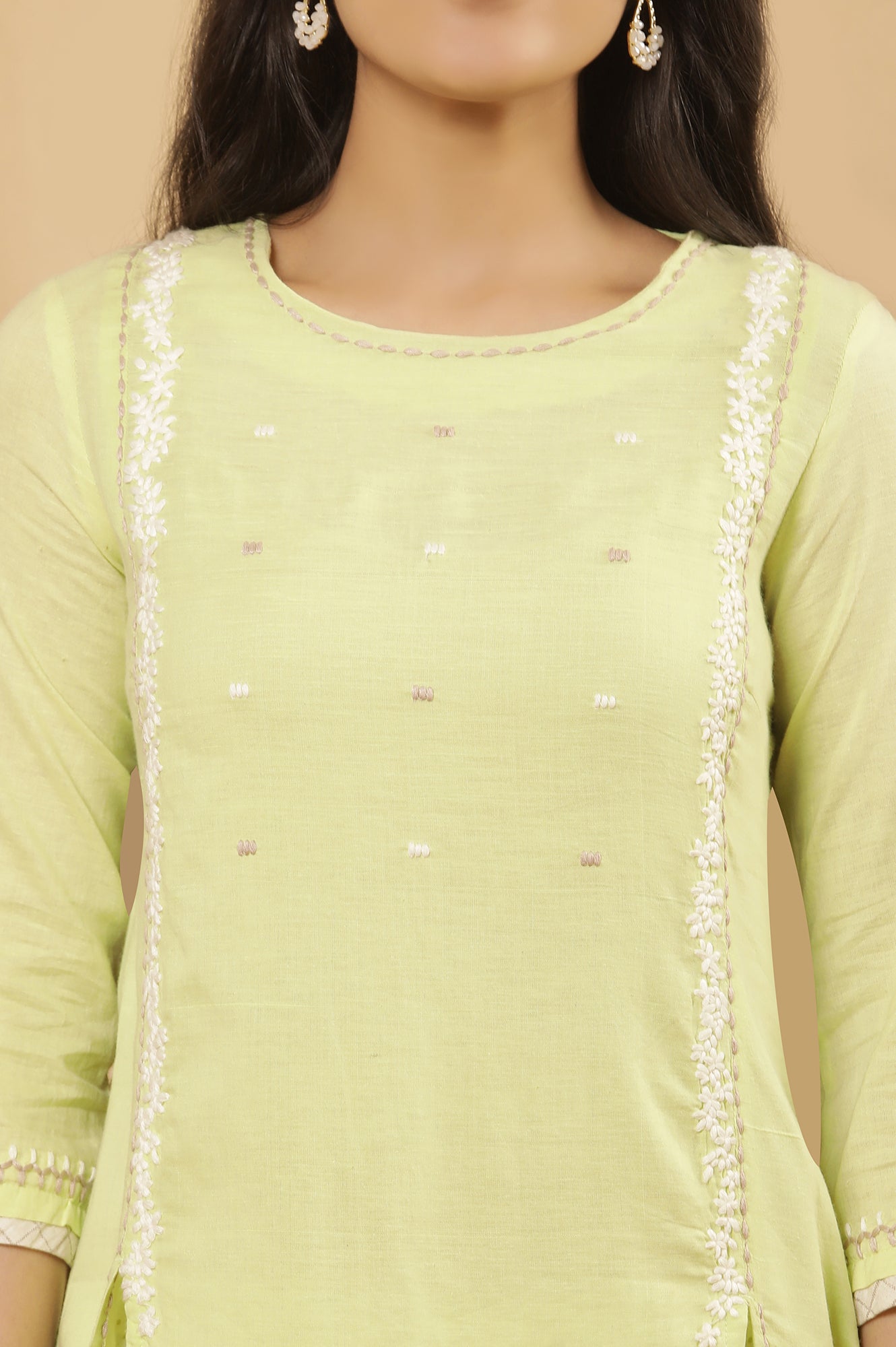 Lime Green Cottom Embroidered Kurta And Pants Set