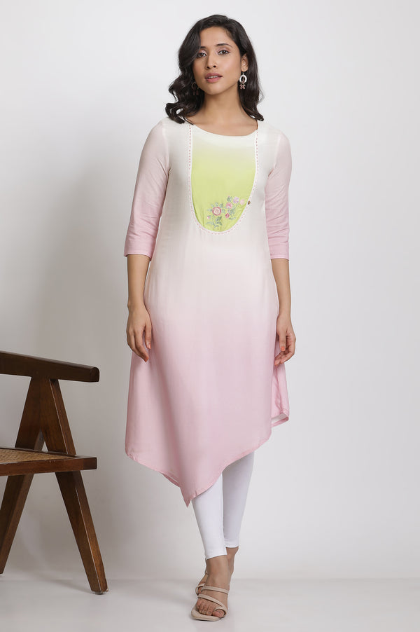 Pink Ombre Embroidered Kurta And Tights Set