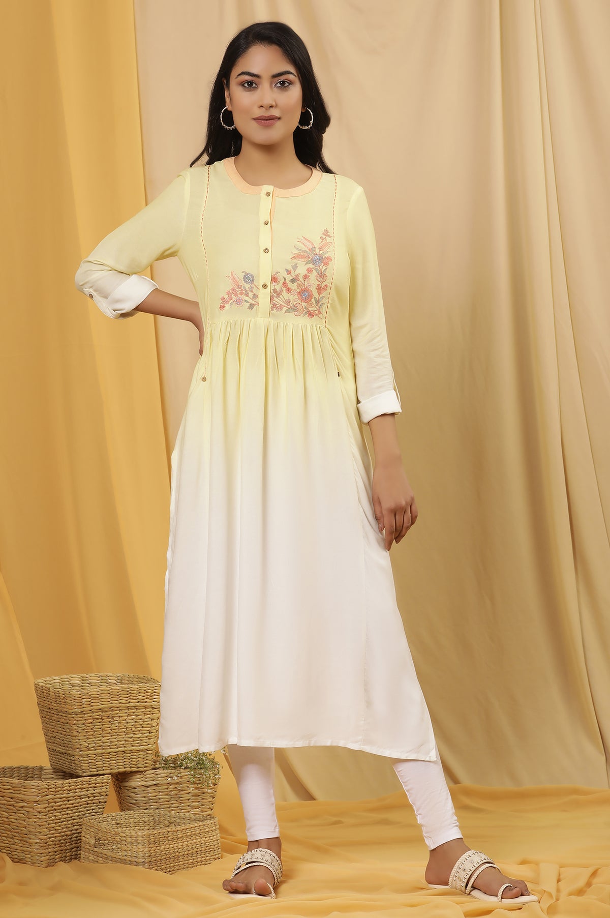 Yellow Ombre Embroidered Kurta And Tights Set - XS