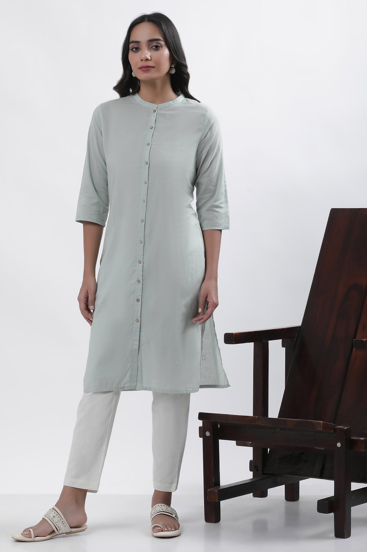 Green Printed Mandarin Collar Kurta And Pants Set - XS