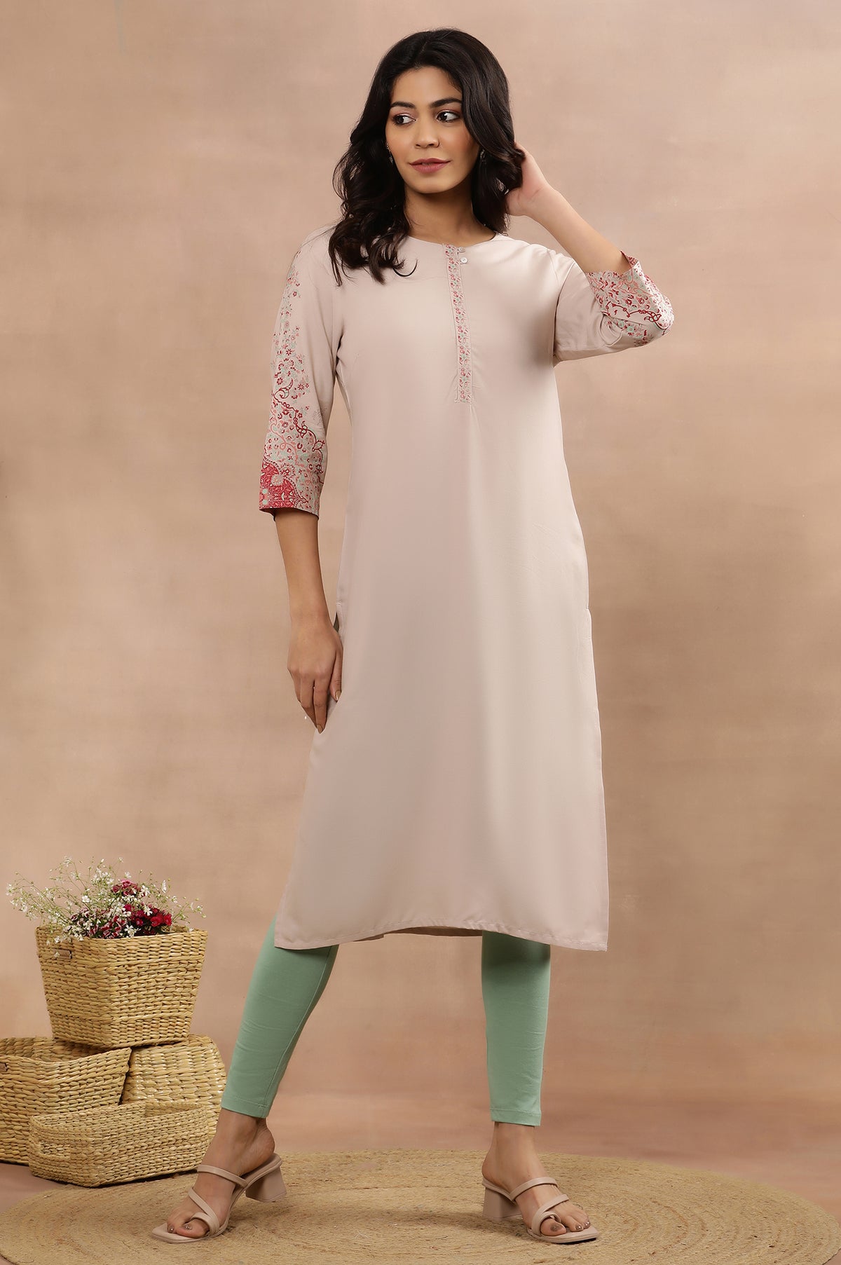 Pink Printed Straight Kurta And Tigths Set - XS